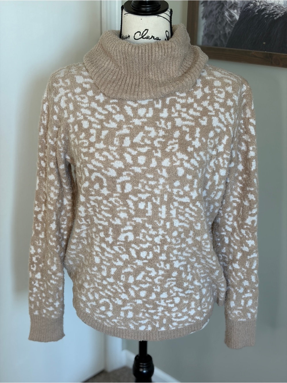Rachel Zoe Beige & White Cowl Neck Patterned Sweater